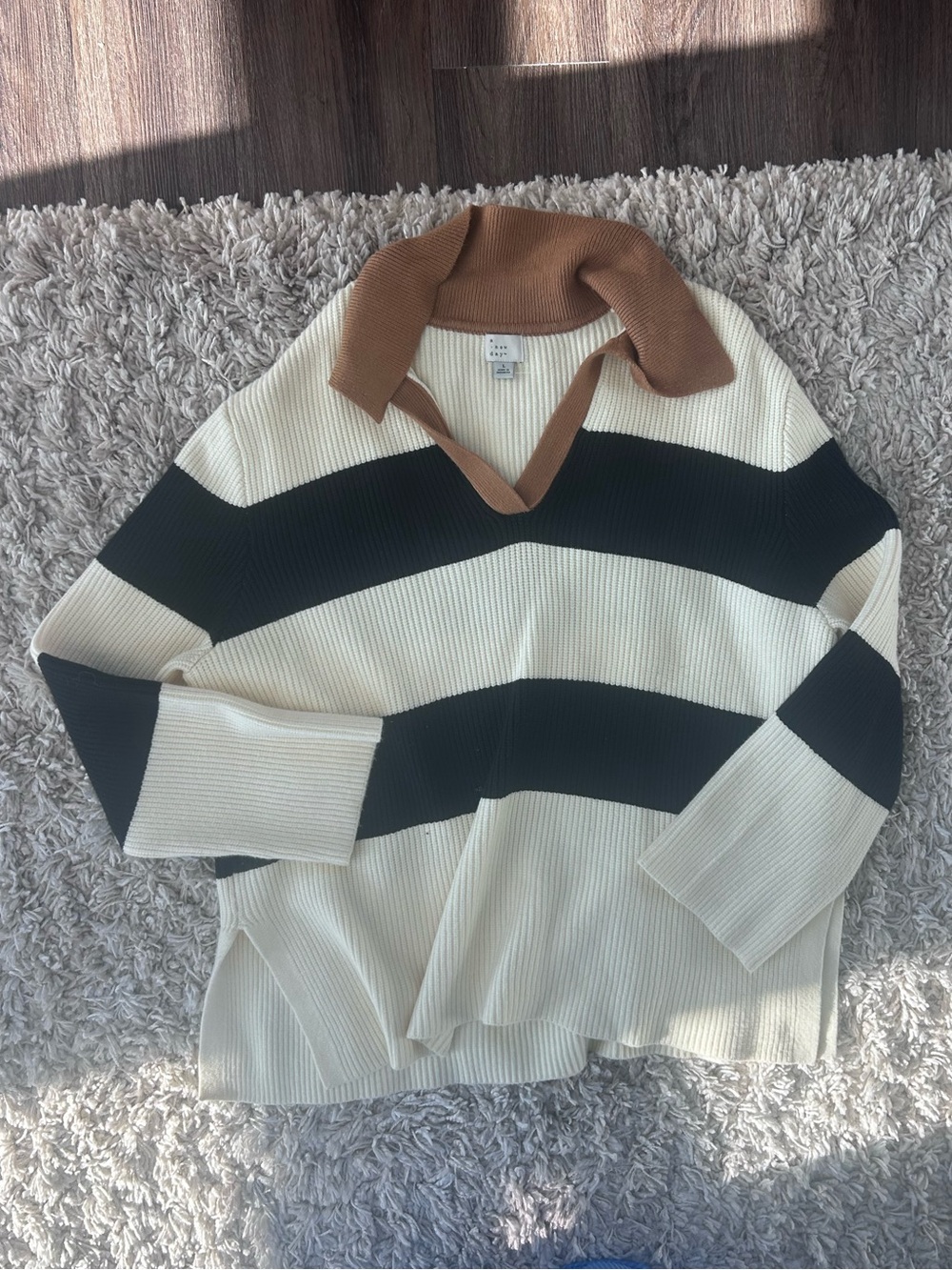 a new day Cream, Brown & Black Ribbed Polo Sweater